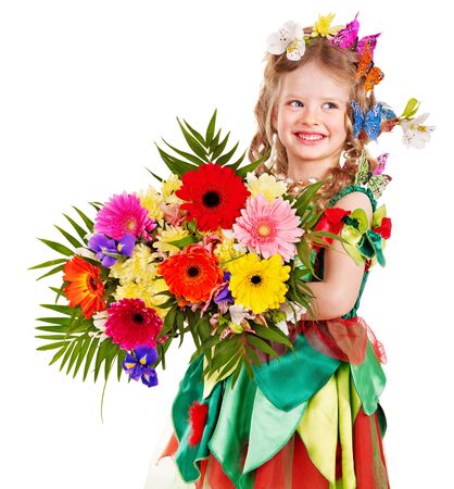 Little girl in spring hairstyle and butterfly. Isolated.の写真素材