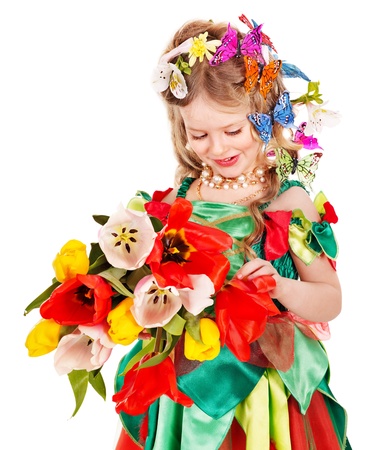 Little girl with flower and butterfly. Isolated.の写真素材