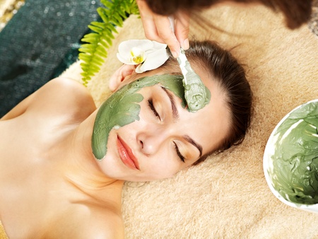 Beautiful woman having clay facial mask apply by beautician.の写真素材