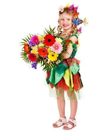 Little girl in spring hairstyle and butterfly. Isolated.の写真素材