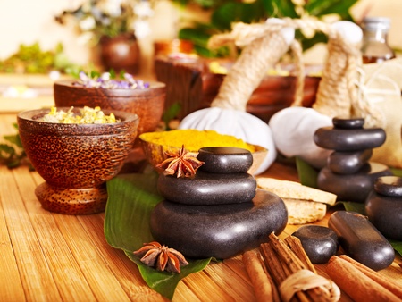 Spa still life with herbal ball and black stone.の写真素材