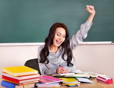 Happy student in classroom.の写真素材