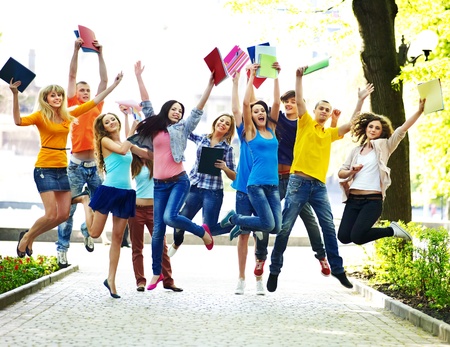Group student with notebook summer outdoor.の写真素材