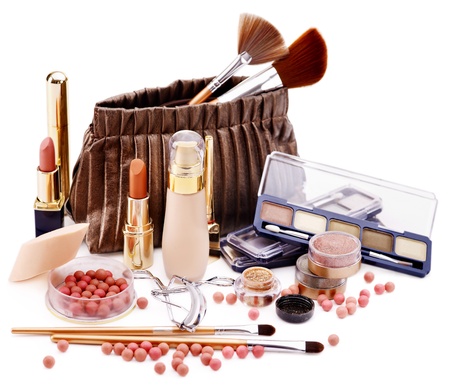 Decorative cosmetics in bag . Isolated.の写真素材