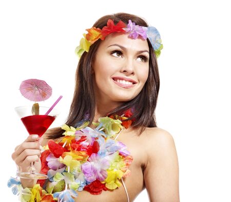 Woman in hawaii costume drink  juice. Isolated.の写真素材