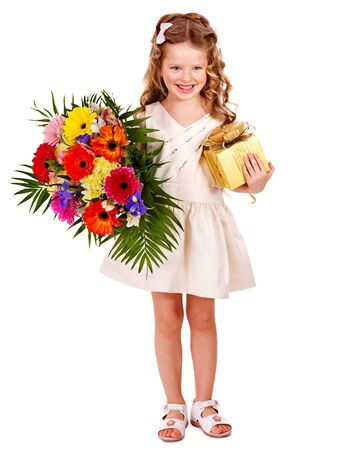Little girl with spring flower and gift box. Isolated.の写真素材