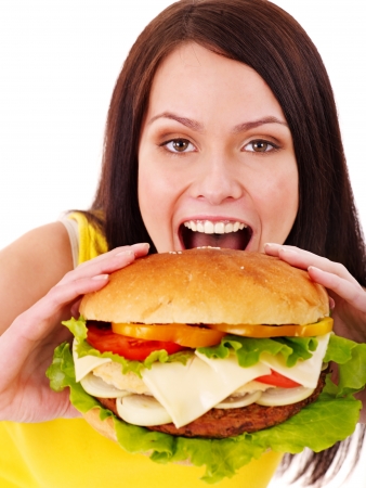 Woman holding hamburger. Isolated.の写真素材