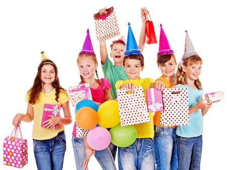 Group of teen people in party hat. Isolated.の写真素材