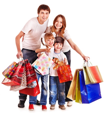 Family with children holding shopping bag. Isolated.の写真素材