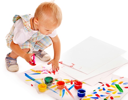 Little boy painting by finger paint.の写真素材