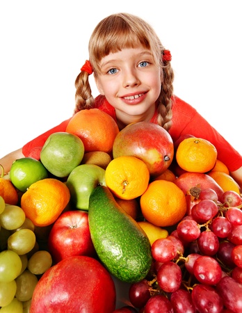 Child with group fruit and vegetable. Isolated.の写真素材