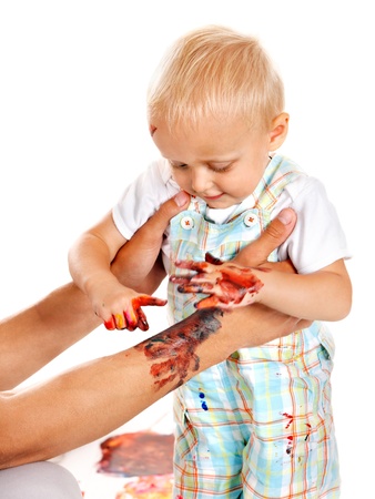 Little boy painting by finger paint.の写真素材