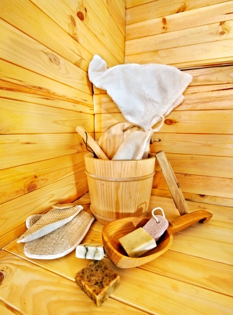 Still life with sauna accessories. Indoor.の写真素材