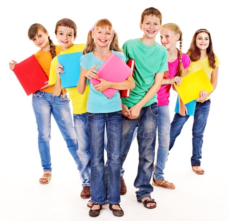 Group of happy teen school child with book.  Isolated.の写真素材