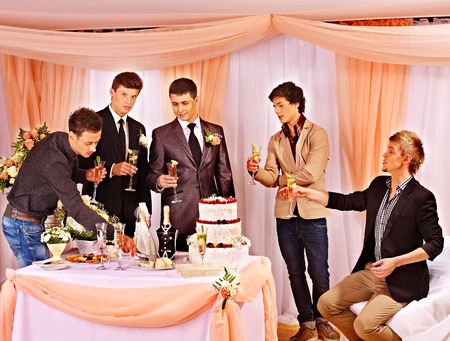 Group people at stage party before wedding.の写真素材