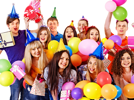 Group happy people with balloon on party. Isolated.の写真素材