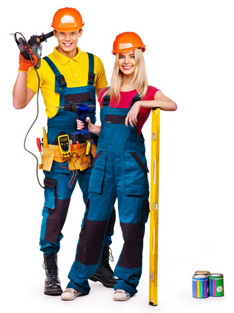 Group people builder  with construction tools. Isolated.の写真素材