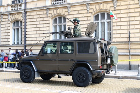 Sofia, Bulgaria - May 06: Day of Valor. Mercedes G 270 on military hardware parade. Back view. On May 06, 2016 in Sofia Bulgaria.のeditorial素材