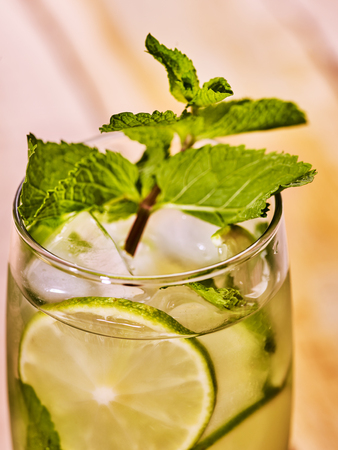 Alcohol drink. On wooden boards is part glass with alcohol drink and ice cubes. A drink number thirty seven cocktail mohito with slice lime and mint leaf. Country life. Light background.の写真素材