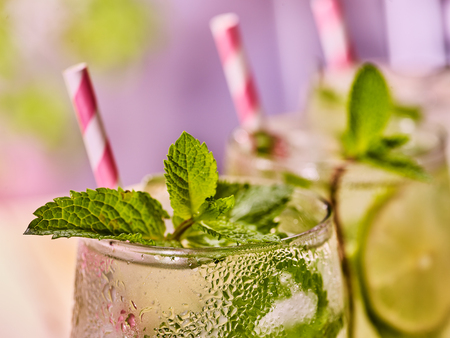 Alcohol drink. On wooden boards part of three glasses with alcohol drink and ice cubes. A drink number seventy six cocktail mohito with straw and mint leaf. Country life. Light background.の写真素材