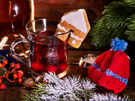 Winter hot drink. Hot mulled wine with cookie.の写真素材