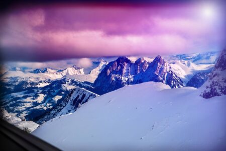 Winter mountains Switzerland in sunshine. Nature landscape. Mountainside and deep snow.