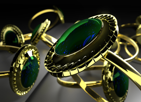 One engagement gold ring with gem in storefront of imitation jewelry store. Many luxury jewellery bijouterie with gemstone for people in love in jewelery boutique.の写真素材