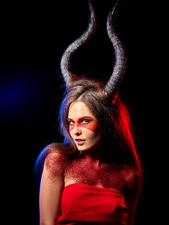 Mad satan woman on black magic ritual of hell. Witch reincarnation mythical creature Sabbath. Devil...