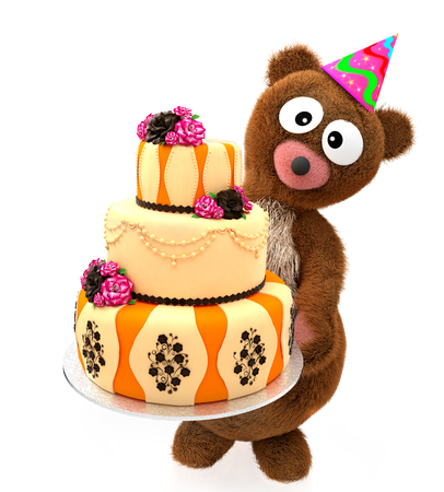 Happy Birthday Toy Bear wear Party Hat. Bear Stuffed Animals with Big Eyes hold holiday sweet cake tier. 3D rendering.の写真素材
