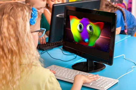 Children computer class us for education and video game. Kids in childrens club developing computer...