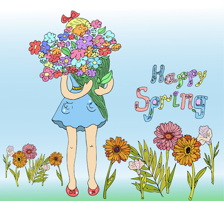 Spring girl with flowers.Children illustration for books graphic. Cartoon female character. Holiday postcard with text. Vector girl hides his face behind flowers bouquet .のイラスト素材