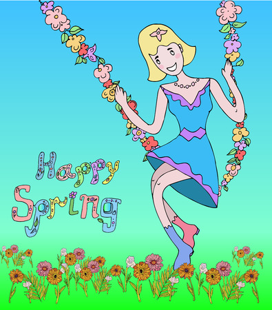 Spring girl with flowers swing. Children illustration for graphic. Cartoon female character. Holiday postcard with spring handwritten text. Vector drawn girl ride on flower chain swing .のイラスト素材