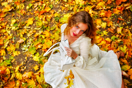 Autumn fashion feminity lace dress with long sleeve in princess style. Top view of girl model with a look of coquetry sitting on color foliage bouquet sitting on fall leaves in city park outdoor.の写真素材