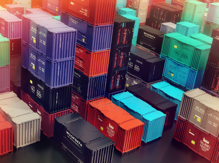 Heap of shipping containers freight cargo in city depot warehouse. Outdoor solving logistical urban problems. 3d rendering.の写真素材