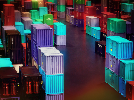 Heap of fragile commodity containers freight cargo in warm dry storage facilities depot warehouse. Intdoor solving storage problems. 3d rendering.の写真素材