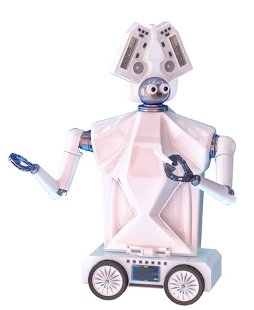 Talking robot school teacher on wheel can speech with children. 3d rendering.の写真素材