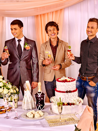 Group people at stage party before wedding.の写真素材
