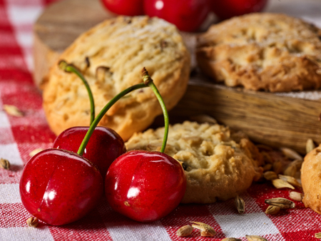 Oatmeal cookies with husk oats and cherry on kitchen cutting board gingham checkered cotton fabric on table in village style for picnic close up.の写真素材