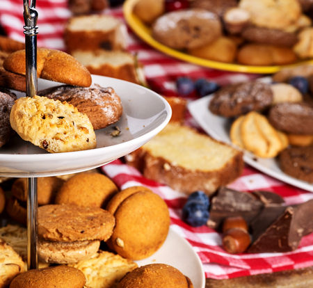 Cookies and sand biscuit on tier cake stand with blueberry chocolate on kitchen on picnic table in rustic natural style .の写真素材