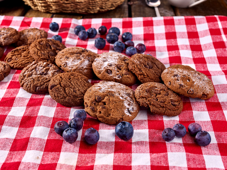 Oatmeal cookie chocolate biscuit with blueberry on picnic countrylike style checkered fabric.の写真素材
