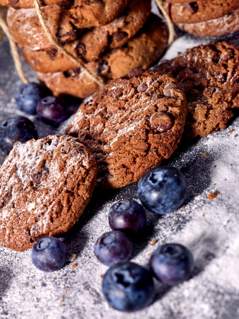 Serving food on slate onto wooden table. Oatmeal cookies biscuit with blueberry on picnic dark tiles countrylike. Chocolate Xmas holiday chip cookies. Perfect product. Serve this dish hot.の写真素材
