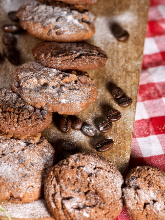 Oatmeal cookies with husk oats and cherry cupcake with powdered sugar on kitchen cutting board gingham checkered cotton fabric on table in village style for picnic. Increase performance and moodの写真素材