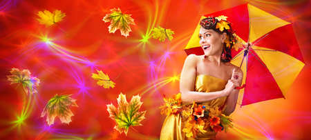 Autumn sale umbrella banners leaves background with beautiful woman. Fashion dream in red fall color outside.の写真素材