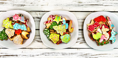 Cookies tree Christmas background biscuits with xmas food table plate. Top view.の写真素材