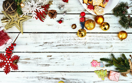 Christmas background cookies. Holiday above Xmas food on white wood with copy space top view.の写真素材