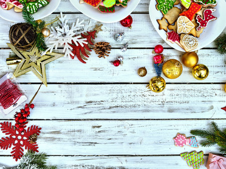 Christmas food background with cookies on copy space. Holiday above Xmas dessert on white wood top view.の写真素材