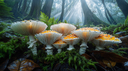 A captivating close-up of vibrant white and orange mushrooms flourishing in a misty forest,...