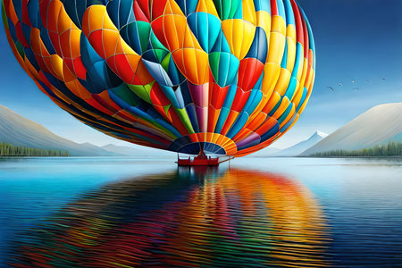 Colorful hot air balloon flying over a lake. 3D renderingの素材