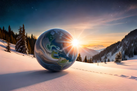 3d render of a globe in the snow against the background of the mountainsの素材