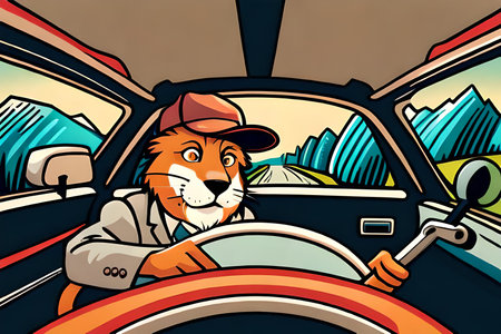 Cartoon illustration of a tiger driving a car on a highway.の素材